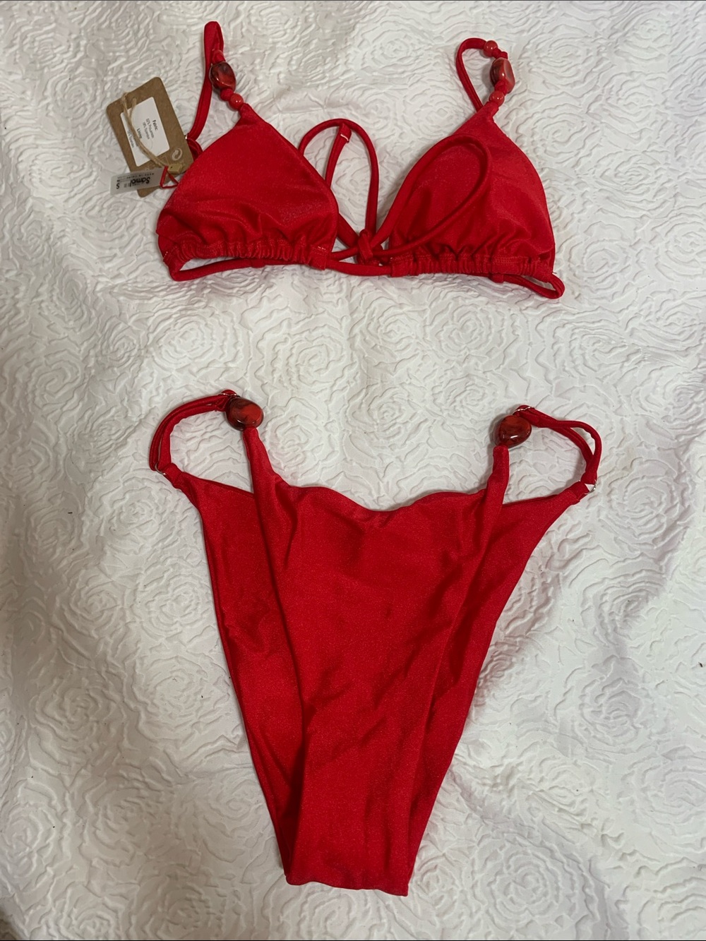 NWT SAMIOL Sleek Red Beaded Triangle Bikini Set, Size S